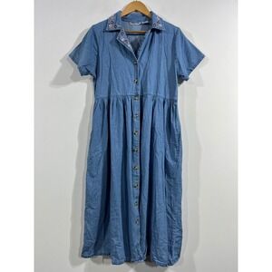 Fundamentals Prairie Boho Button Front Denim Midi Dress Women Medium Embroidered